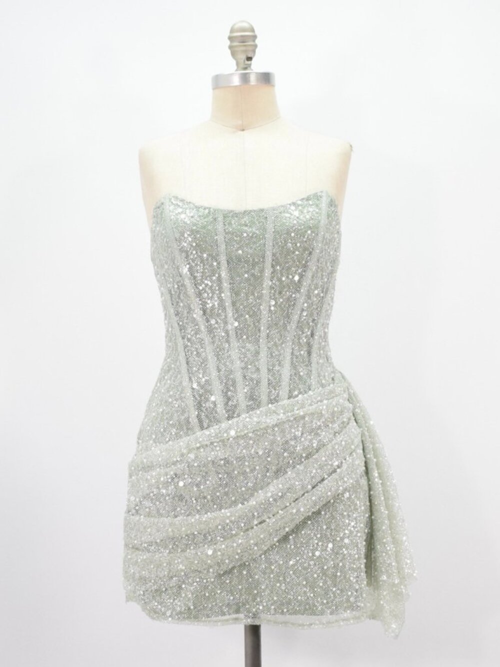 BLITHELA Pastel Green Sequin Mesh Mini Dress